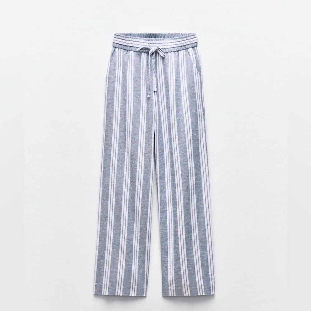 ZARA Linen Blend Striped Wide Leg Pants Blue White Drawstring Size M